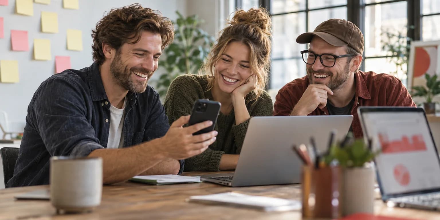 Three colleagues laughing over a phone and a laptop in a bright studio